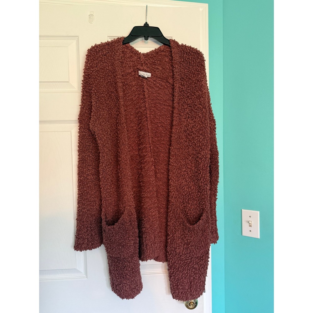 London Kaye Womens Rust Popcorn Knit Open Front Cardigan Sweater Pockets Small